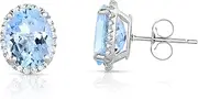 [KOKAV] 14K White Gold Aquamarine Diamond Stud, Oval 9x7mm 3-4 Ct Genuine Aquamarine with 1/6 Ct Diamond Halo Minimalist Stud Earrings.