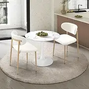 Oikiture 60cm Round Dining Table and Dining Chairs Set of 2 Boucle Kitchen Chair Metal Frame and Legs White