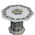 30" Marble Table Top Handmade Semi Precious Stones Inlay With 18" Marble Stand