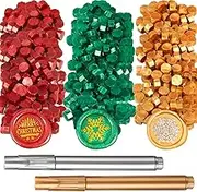 300 Pieces Sealing Wax Beads Christmas Octagon Metallic Sealing Wax Beads with Gold or Silver Metallic Pen for Postcards Envelope Card Holiday Decoration (Pine Green, Red, Gold)