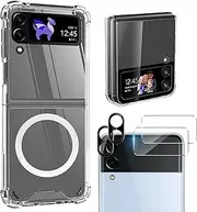 5 in 1 Compatible with Samsung Galaxy Z Flip 4 Case with Magnetic Clear Case, [Not Yellowing] 2X Screen Protectors [External Screen] & 2X Camera Lens Protectors, Shockproof Slim Cover with MagSafe