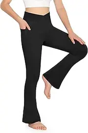 [KEREDA] Girls Flare Leggings High Waist V Cross Bootcut Yoga Pants Bell Bottoms for Girls with Pockets