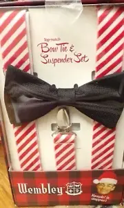 NEW WEMBLEY Mens Christmas Red & White Striped & Black Bow Tie & Suspender Set