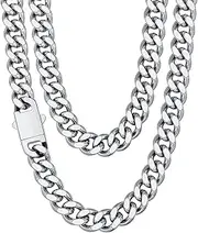 [Fiusem] Silver Tone Chain Necklace for Men, 6mm/7.5mm/8mm/9mm Silver Colored Stainless Steel Cuban Link Chain Necklace, Men's Chains 18-28 Inch