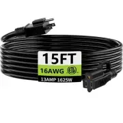 Indoor Outdoor Black Extension Cord 15 ft Waterproof, 16/3 Gauge Flexible Col...
