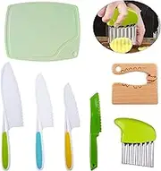 Wooden Kids Knife, Kids Safe Knives Set Include Wooden Toddler Knife for Cooking Plastic Potato Slicers Peeler Serrated Edges Veggies Knives for Kitchen Children Cooking (7PCS)