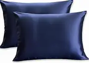 【2 Pack】 Mulberry Satin Silk Pillowcase, H HOME-MART 20"x 30" Satin Silk Pillowcases for Hair and Skin, Queen Size Pillow Case with Envelope Closure (Navy Blue)