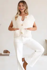 Khloe Knit Top - Sleeveless Large Gold Abstract Button Front Knit in Beige
