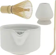 Generic 4Pcs Matcha Whisk Set - Ceramic Matcha Bowl with Spout & Bamboo Whisk & Scoop - 500ml - White