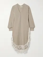 [Diotima] Diotima - Una Oversized Fringed Bead-embellished Checked Organic Cotton Midi Dress - Beige - 1 1 Neutrals