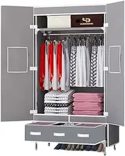 [Leona Co] Portable Clothes Closet Wardrobe with 2 Doors Metal Hanging Rack Non-Woven Fabric Storage Organizer with 3 Drawer Boxes - 90 * 45 * 170cm