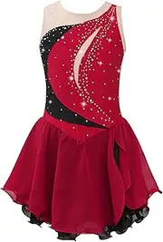[TiaoBug] Kid Girls Ice Figure Skating Costume Patchwork Color Mesh Leotard Dress for Dance Performance