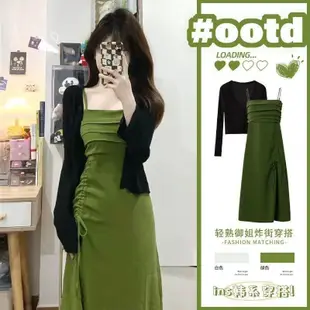 設計感辣妹收腰顯瘦初戀綠色吊帶洋裝夏季新款防晒針織小外套套裝