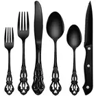 48 Pieces Black Silverware Set for 8, Retro Royal Flatware Set with Steak Kni...