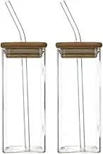 Sanfiyya Clear Glass Cups, 2Pcs Square Drinking Glasses with Lids and Straws, 400ml Heat-Resistant Portable Drinking Cup for Iced Coffee Juice Beverage and More