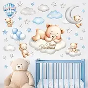 DECOWALL SG2-2407 Sweet Dream Bear Wall Stickers Decals Baby Room Décor Nursery Boy Wallpaper Decorations Home Blue Moon Stars Teddy Peel and Stick Bedroom Playroom Sleeping Cloud