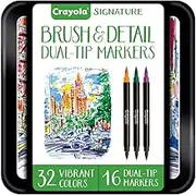 CRAYOLA 58-6501 Signature Brush & Detail Dual Tip Markers,16pk, 32 Colours, Brush Tip, Pen Tip, Calligraphy Set, Lettering, Detailing, Gift, Art Set, Storage Tin