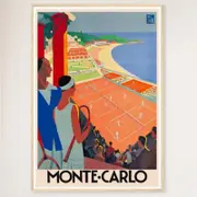 Galrie Monte Carlo Vintage Tennis Travel Poster - Perfect Wall Art for Any Space, Wood Frame, 70 x 100cm (28 x 40inch)