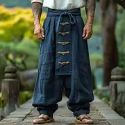 Men's Linen Pants Trousers Summer Pants Baggy Pants Buttons Drawstring Elastic Waist Plain Comfort Breathable Full Length Outdoor Yoga Gym Designer Retro Vinta
