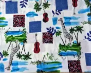 Vtg HI FASHION FABRIC 2 1/2 Yds x 58" Giraffe PALM TREES Ukulele POLY/RAYON