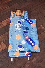 EVERYDAY KIDS Toddler Nap Mat with Removable Pillow - Rollup and Close with Velcro Straps, Carry Handle, Soft Microfiber for Preschool, Daycare, Kindergarten Sleeping Bag