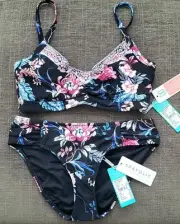 NWT Seafolly Water Garden DD Cup Bralette & Ruched Side Retro Pant, US 6, Black