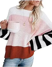 [shermie] Color Block Sweaters for Women Sweater Crew Neck Lightweight Long Sleeves Knit Sweaters Pullovers Pink L