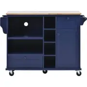 Blue Kitchen Island Cart With Microwave Storage Cabinet, Solid wood top, Wheels,