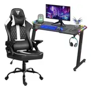 Advwin Gaming Desk RGB LED Light & Gaming Chair RGB LED Recliner Office Chair White & Black