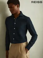 Reiss Indigo Blue Cecil Textured Garment Dyed Button-Through Shirt (B89338) | $195