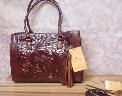 Patricia Nash Leather Primrose Satchel Handbag - British Tan Tooled Cut Out