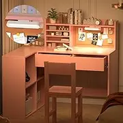 NKUGCFC Kids Desk and Chair Set, 41" x 31" Pink Study Desk with LED Lights, Storage Drawers & Bulletin Board, Corner Desk for 5-12 Year Old Boys Girls