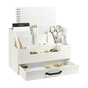 White Wooden Desk Organizer with Drawer – Office Desk Caddy for Supplies and