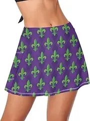 [GuoChe] Women's Swim Skirt High Waisted Mardi Gras Green Fleur De Lis Purple Swimsuit Bottoms for Women Swimming Skorts Tummy