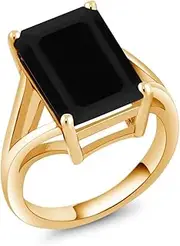 [Gem Stone King] Black Onyx 18K Yellow Gold Plated Silver Women's Solitaire Ring 5.00 Ct Emerald Cut (Available 5,6,7,8,9)