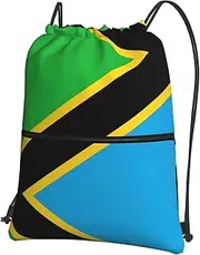 EdWal Tanzania Flag Print Drawstring Backpack Gym Bags Sports Bags With Zipper Pocket For Travel Swimming Beach, Black, One Size