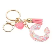 Initial Letter Keychain, Letter C Heart Design Charm with Tassels, Pink