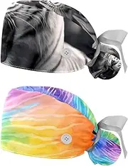 [YTYVAGT] 2-Pc,Nurse Scrub Caps,Scrub Hats with Buttons and Cotton Sweatband,Black and White Tiger