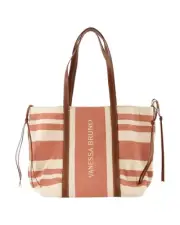 Vanessa Bruno Striped Canvas Tote Bag with Leather Trim Women Brown | Brown
