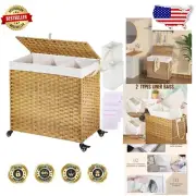 Handcrafted Laundry Hamper with Lid - 3 Sections, 140L Capacity & Easy Mobility