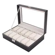 LUD Black Pu Leather Watch Display Stand Box Flannelette Grids with Glass Cover-12 Slot