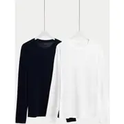 Mens M&S Collection 2pk Pure Cotton Long Sleeve T-Shirts - Navy Mix