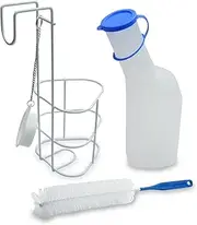 Set of Urine Bottle, Holder, Brush for Men, 1 Litre, 3 Pieces, 1000 ml PP Urine Bottle with Lid Milky, Cleaning Brush, Bed Holder/Urine Bottle Holder with Lid Including Chain