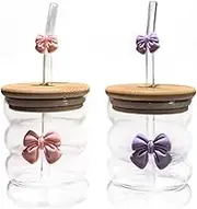 2Pcs Ribbed Glass Cups 300ml Clear Matcha Cup with Lids and Straws Vintage-Style Multi-Purpose Glasses for Iced Coffee, Beverage, Milk, Cocktails