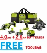RYOBI 3PC 18V COMBO DRILL IMPACT DRIVER CIRCULAR SAW 115MM GRINDER 4AH + 2.0AH