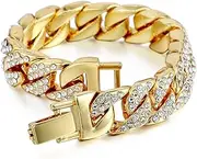 [Wikavanli] Mens Womens Cuban Link Bracelet Hip Hop Bracelet Stainless Steel Chain Bracelet Iced Out Curb Cuban 18k Gold Plated Bracelet With Clear Rhinestones