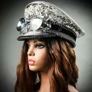 Silver Sequin Steampunk Burning Man Captain Hat w/ Spikes Goggles Halloween Cap