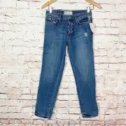 Free People Dark Wash Raw Hem Button Fly Jeans Womens Size 24