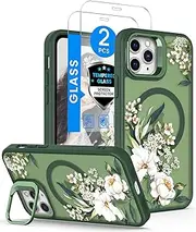 Dretal Magnetic for iPhone 11 Pro Max Case Floral,Screen Protector,Built-in Lens Ring Stand,Military-Grade Protection,Translucent Matte Magnetic Shockproof Flower Pattern Case for Women Girls - Green
