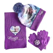 Kids Girls Frozen Elsa 3pcs Hat Set Winter Warm Outdoor, Beanie + Scarf + Gloves -NMAOV Purple